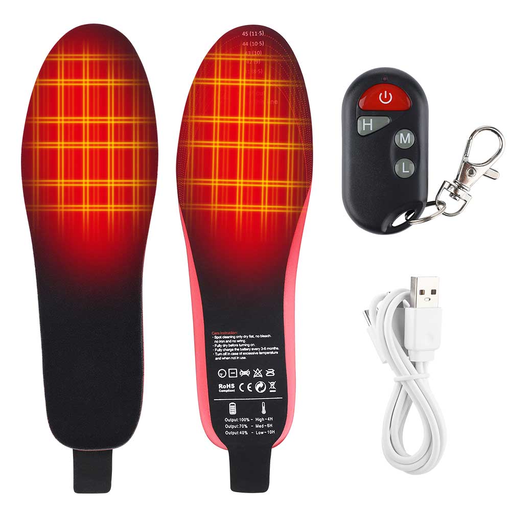 Beheizbare Einlegesohlen mit Fernbedienung und USB-Kabel, rot-schwarz, Thermosohlen.