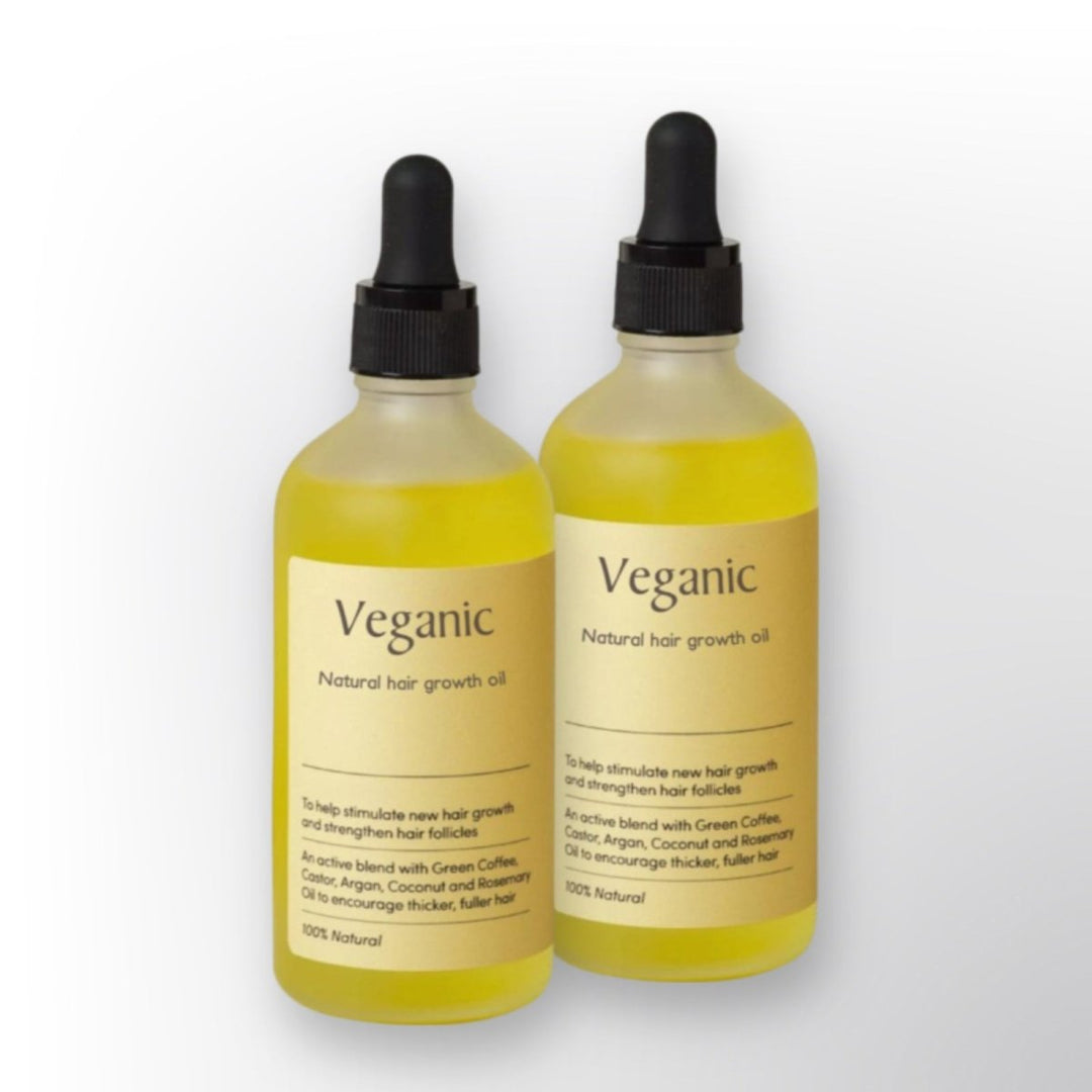 Zwei Flaschen Veganic Haarwuchsöl, natürlich, gelb, mit Pipette, 100% vegan.