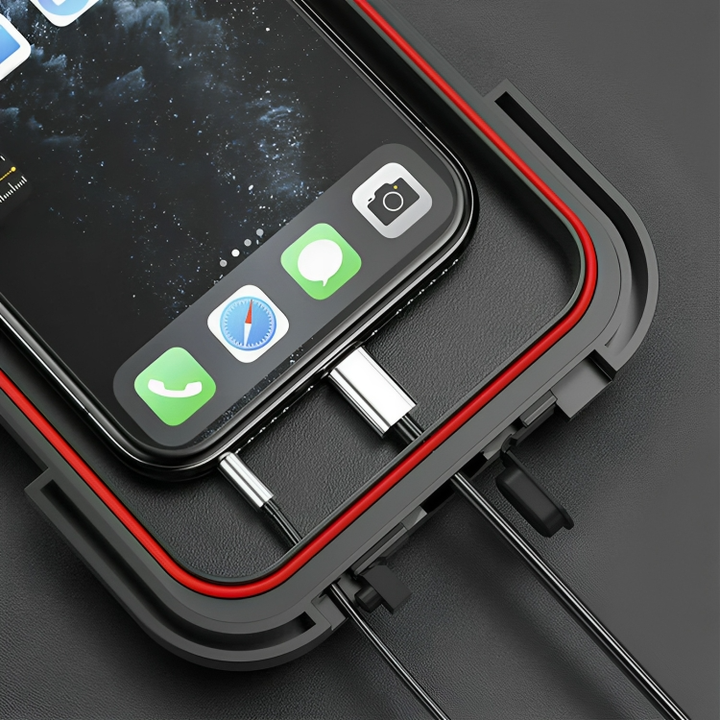 Smartphone in schwarzer Hülle mit Kabelanschluss, Nahaufnahme, modernes Design, Technologie.