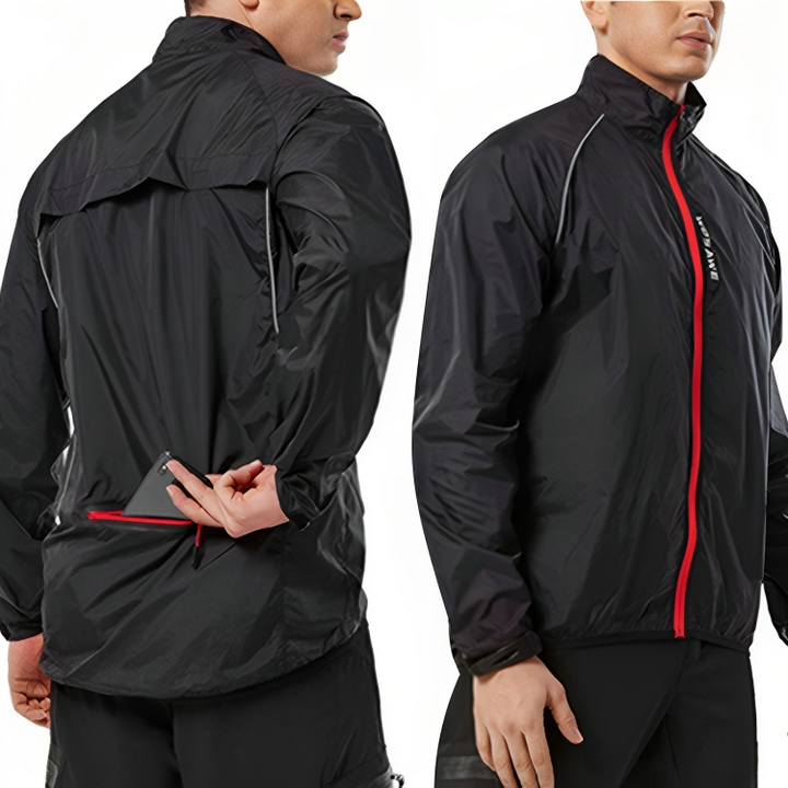 Schwarze Herren-Windjacke mit rotem Reißverschluss, wasserabweisend, ideal für Outdoor-Aktivitäten.
