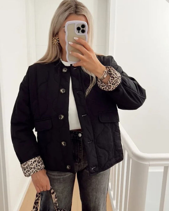 Elegant dámský kabát s leopardím podšívem – Narela
