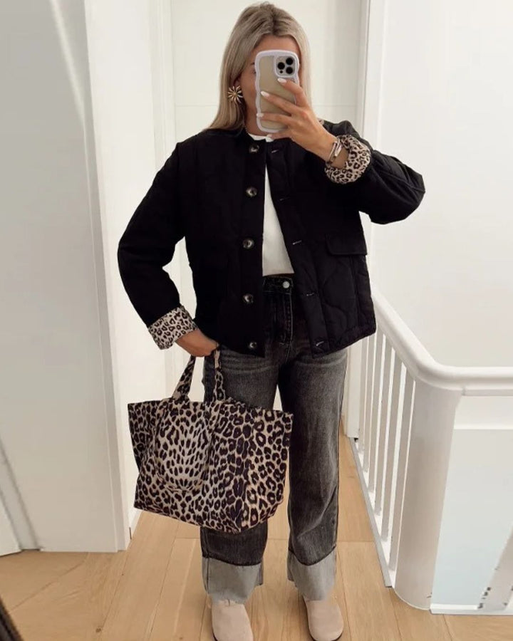 Elegant dámský kabát s leopardím podšívem – Narela