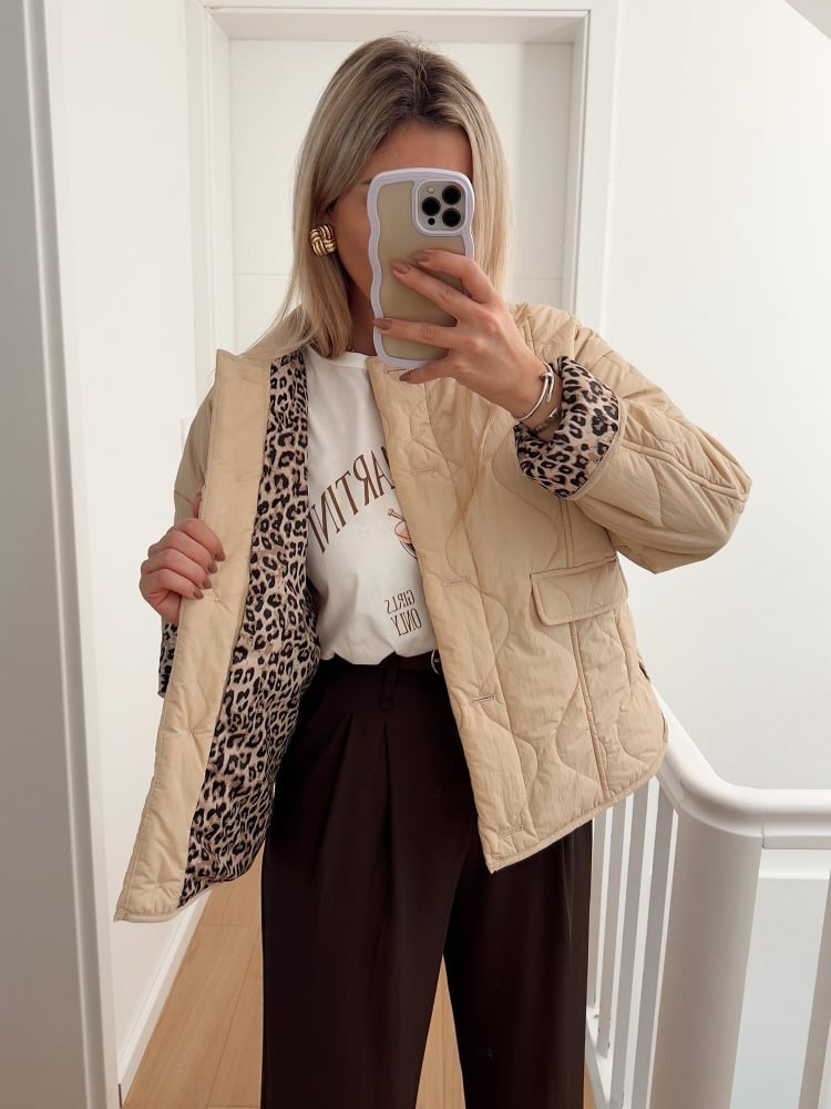 Elegant dámský kabát s leopardím podšívem – Narela