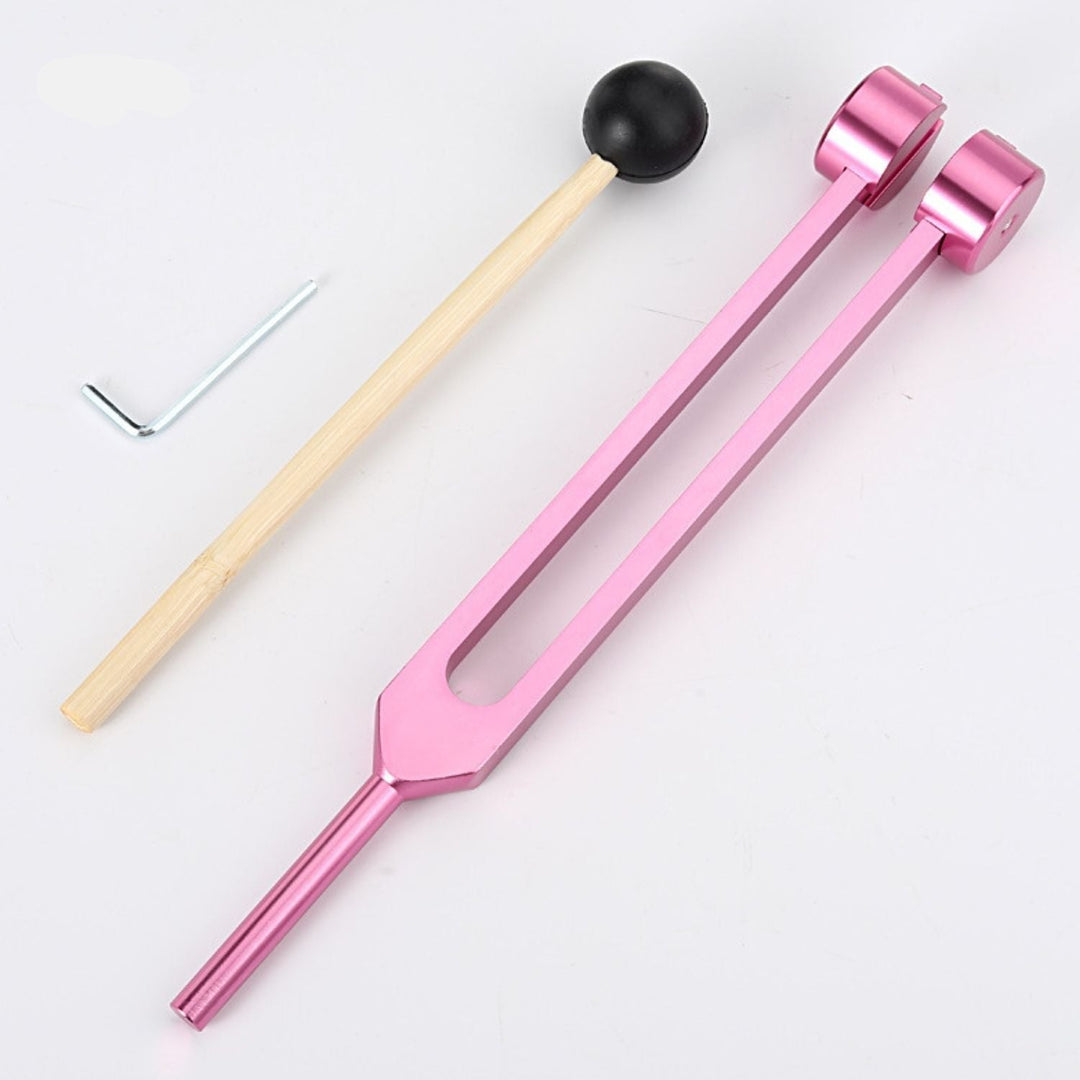 Rosa Stimmgabel-Set mit Holzklöppel und Inbusschlüssel, Klangtherapie, Musikzubehör.