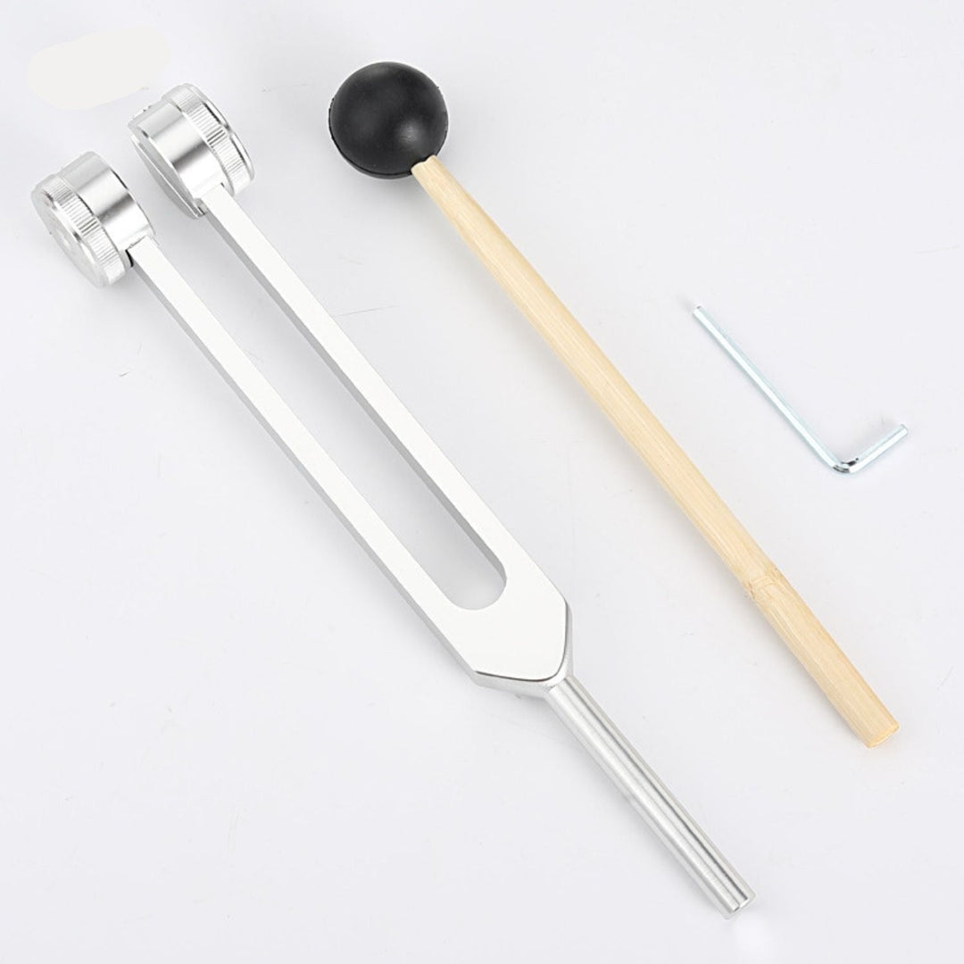 Stimmgabel-Set aus Silber mit Holzklöppel, 21,5 cm, für Klangtherapie und Meditation.