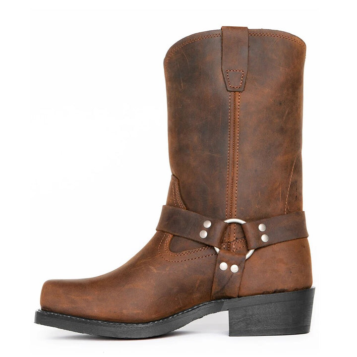 Braune Vintage-Cowboy-Stiefel aus Leder mit Kette und Schnalle für Herren.