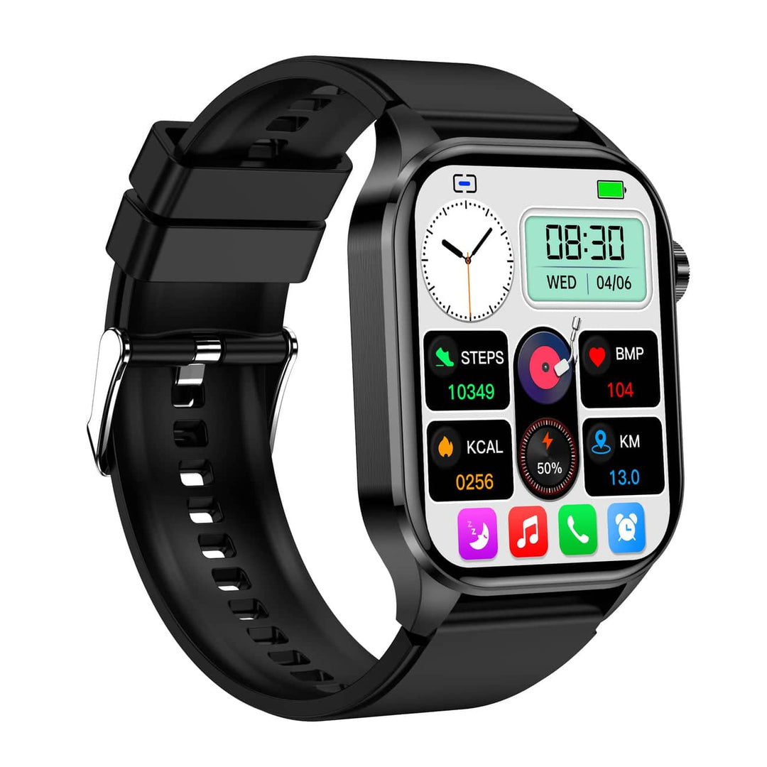 Schwarze Smartwatch mit quadratischem Display, Fitness-Tracker, Herzfrequenzmesser, Schrittzähler.