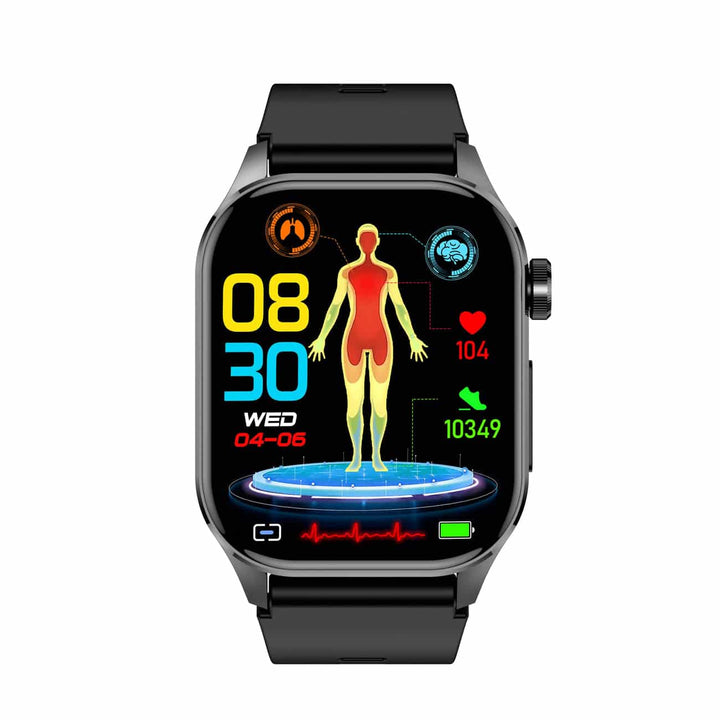 Schwarze Smartwatch mit Gesundheits-Tracking, Herzfrequenz, Schrittzähler, digitalem Display.