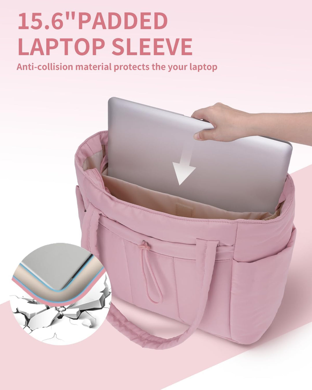 Polstrovaná puffer tote taška s držákem na hrnek a přihrádkou na notebook pro cestování a práci