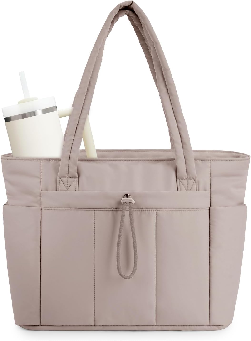 Polstrovaná puffer tote taška s držákem na hrnek a přihrádkou na notebook pro cestování a práci