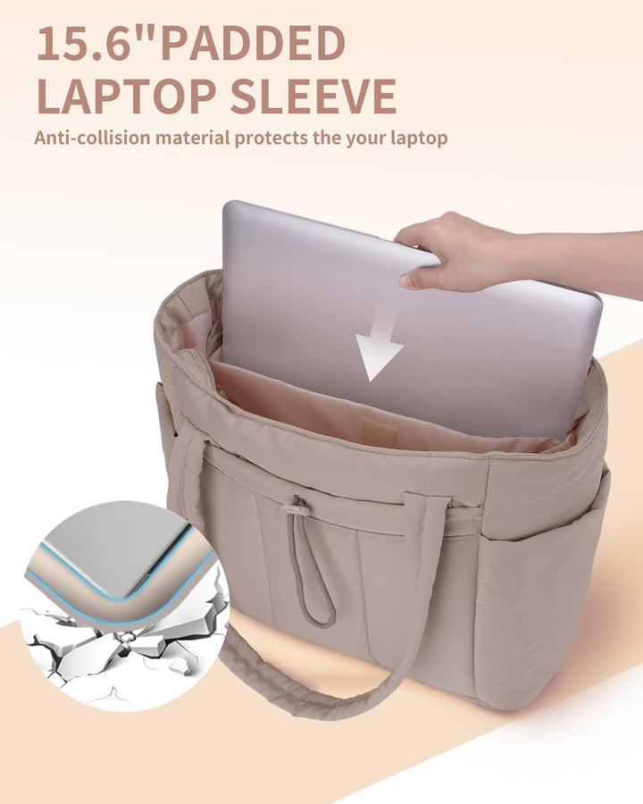 Polstrovaná puffer tote taška s držákem na hrnek a přihrádkou na notebook pro cestování a práci