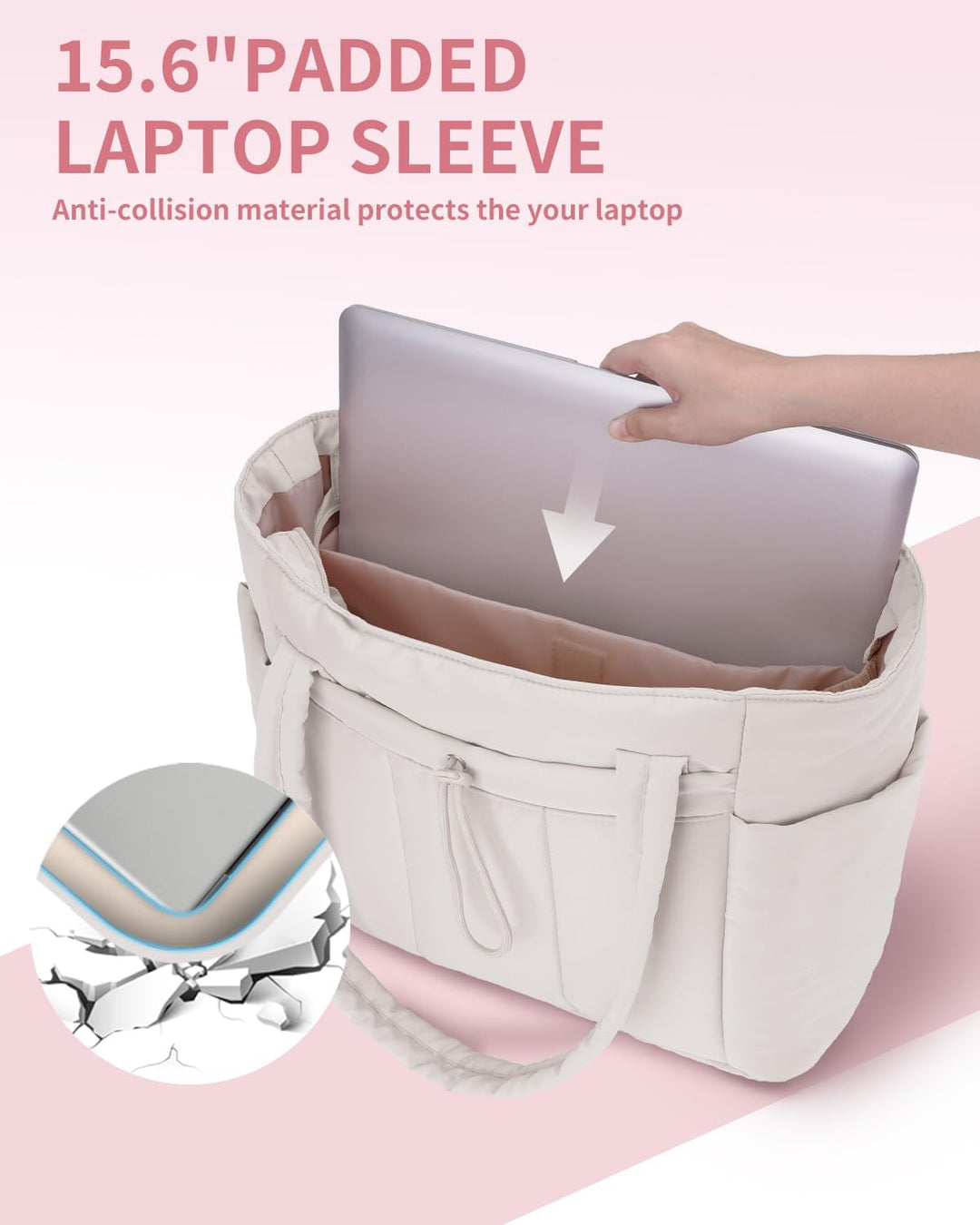 Polstrovaná puffer tote taška s držákem na hrnek a přihrádkou na notebook pro cestování a práci