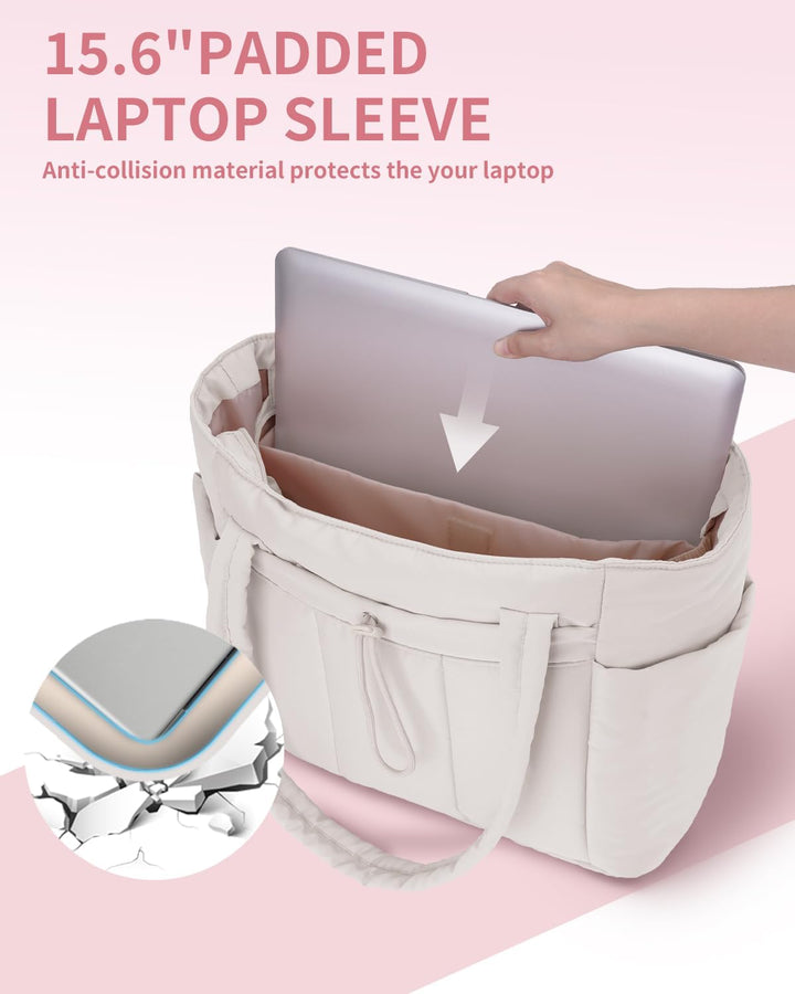 Polstrovaná puffer tote taška s držákem na hrnek a přihrádkou na notebook pro cestování a práci