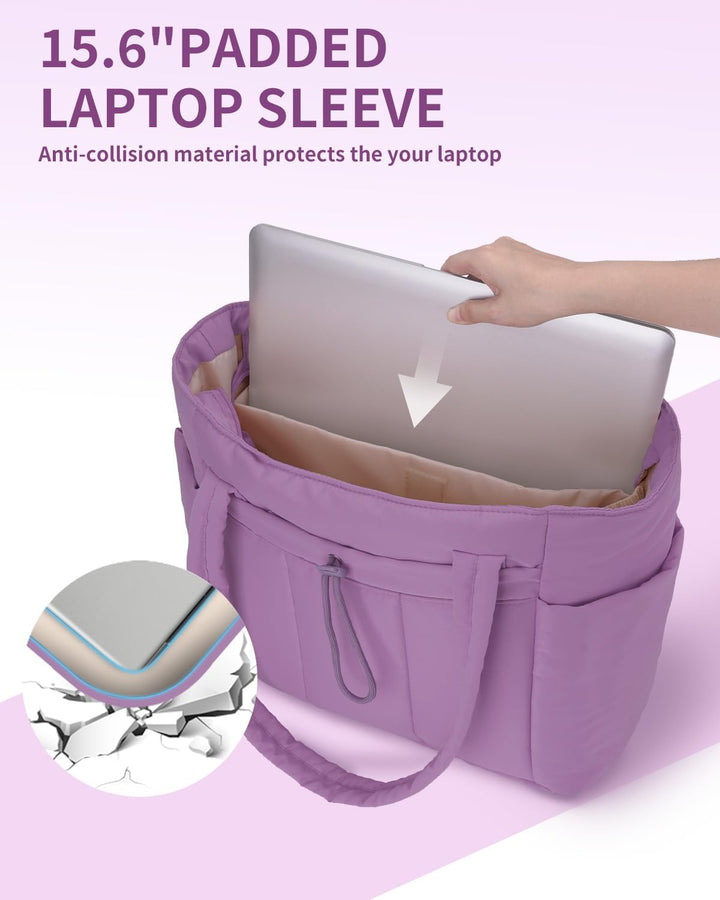 Polstrovaná puffer tote taška s držákem na hrnek a přihrádkou na notebook pro cestování a práci