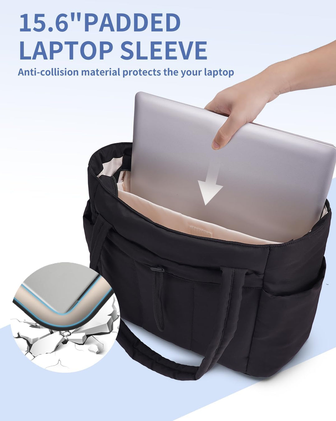 Polstrovaná puffer tote taška s držákem na hrnek a přihrádkou na notebook pro cestování a práci