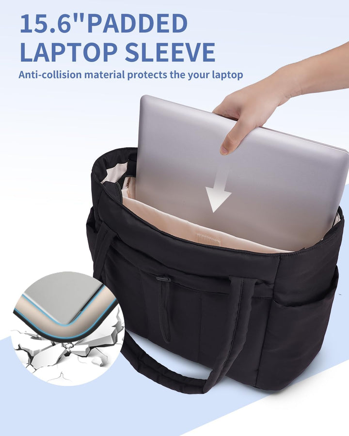 Polstrovaná puffer tote taška s držákem na hrnek a přihrádkou na notebook pro cestování a práci