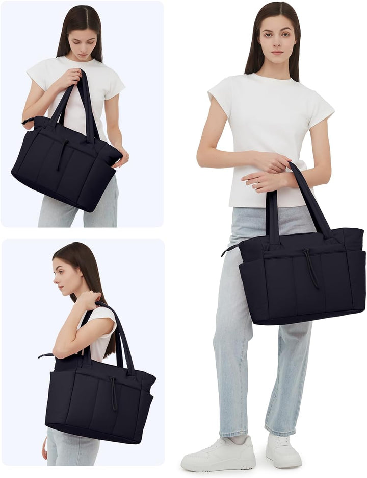 Polstrovaná puffer tote taška s držákem na hrnek a přihrádkou na notebook pro cestování a práci
