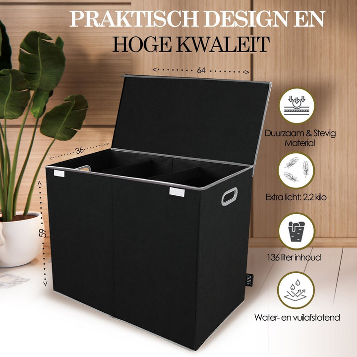 Schwarzer Wäschekorb mit drei Fächern, faltbar, robustes Material, 136 Liter Kapazität.
