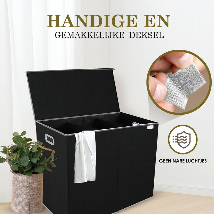 Schwarzer Wäschekorb mit Deckel, faltbar, mit Griffen, ideal für Wäscheaufbewahrung.