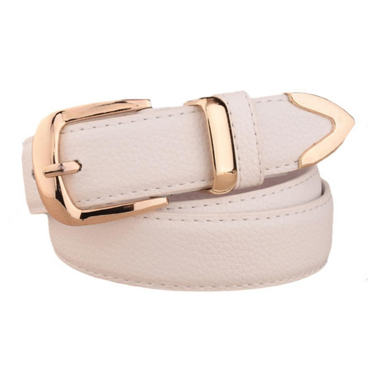 Weißer Ledergürtel mit goldener Schnalle, modisches Accessoire für Damen.