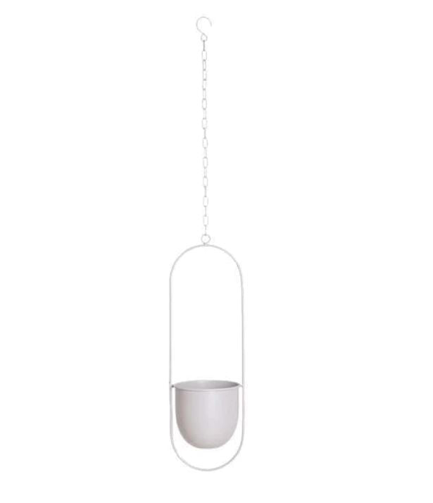 Weißer ovaler hängender Blumentopf aus Metall mit Kette, moderner Pflanzgefäßhalter.