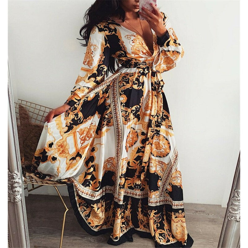 Damen-Wickelkleid mit V-Ausschnitt, lang, schwarz-goldenes Muster, Sommermode.