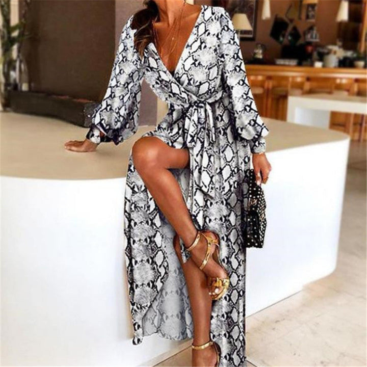 Damen-Wickelkleid mit Schlangenmuster, V-Ausschnitt, Sommermode, elegant, langärmelig.