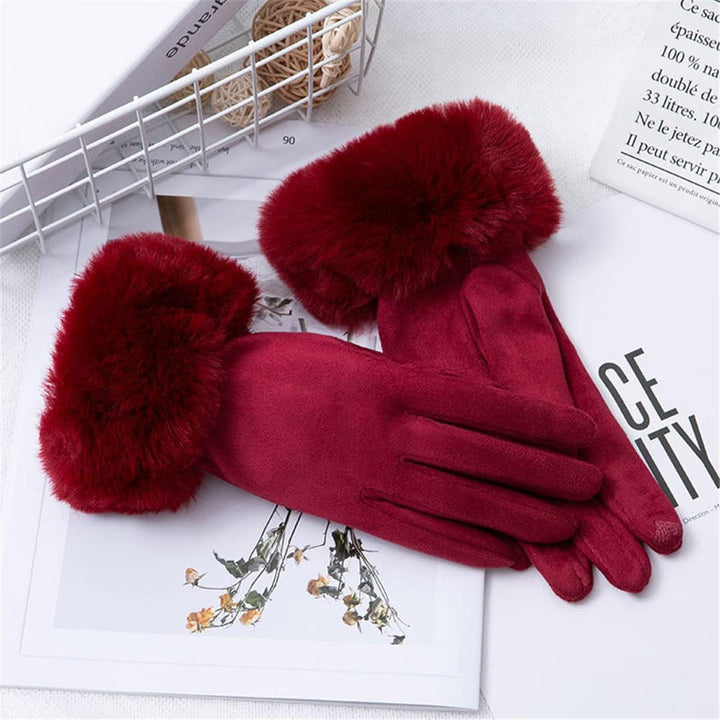 Damenhandschuhe weinrot, Kunstpelz, elegant, Wintermode, warm, stilvoll, Accessoire.