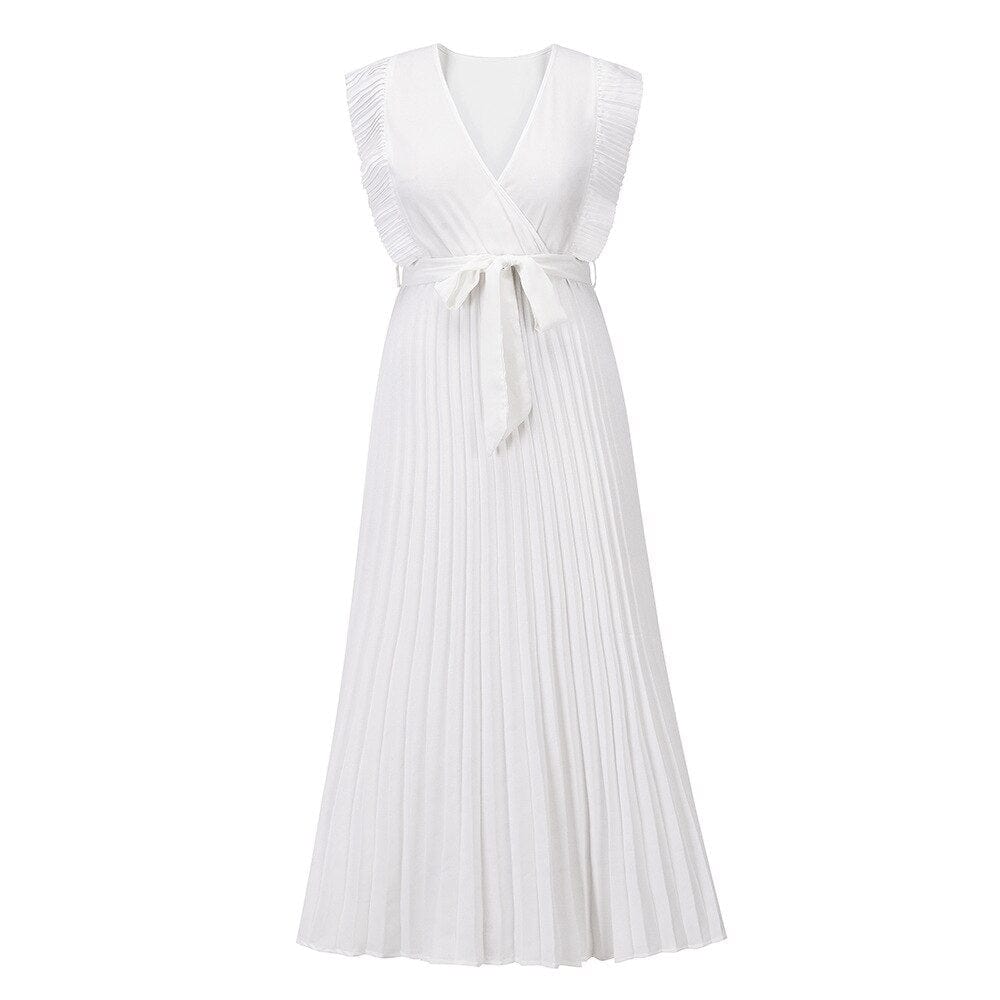 Weiße Boho-Brautkleid mit V-Ausschnitt, ärmellos, plissiert, Hochzeitsmode.