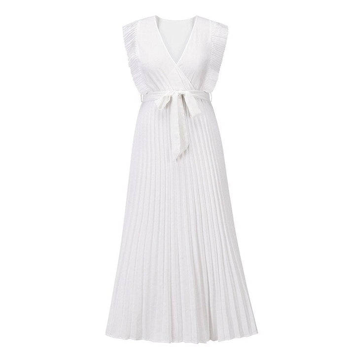Weiße Boho-Brautkleid mit V-Ausschnitt, ärmellos, plissiert, Hochzeitsmode.