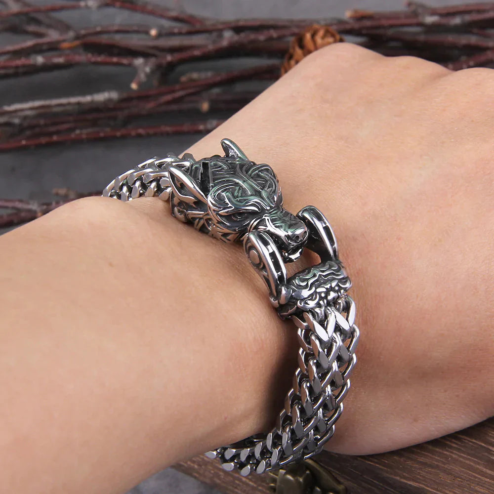 Silbernes Wikinger-Armband mit Wolfskopf-Design, Edelstahl, handgefertigt, Herren-Schmuck.