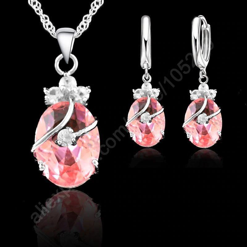 925 Sterling Silber Schmuckset mit rosa Kristall, Halskette und Ohrringe, elegant, Damen.