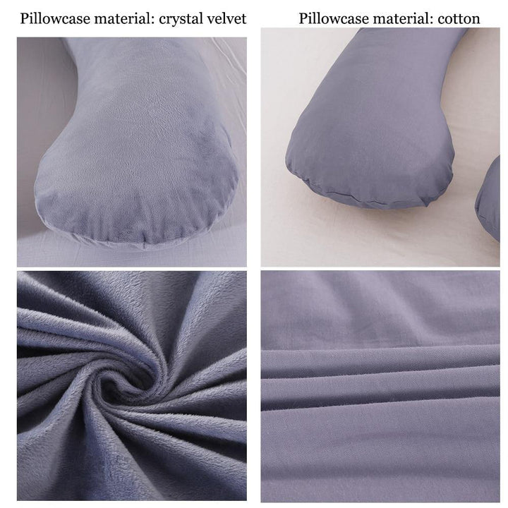 U-förmiges Schwangerschaftskissen, grauer Samt- und Baumwollbezug, bequem und stützend.