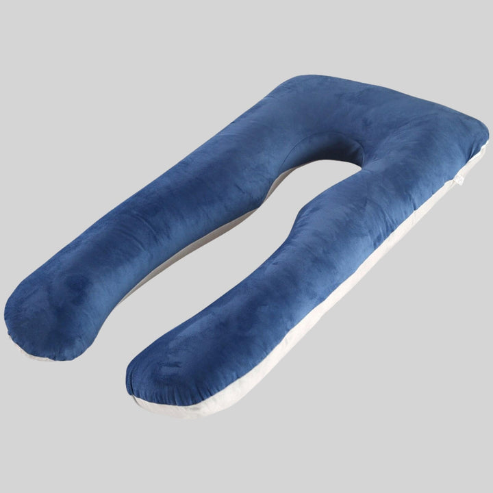 U-förmiges Schwangerschaftskissen, blau-grau, Samt, bequem, für Seitenschläfer.