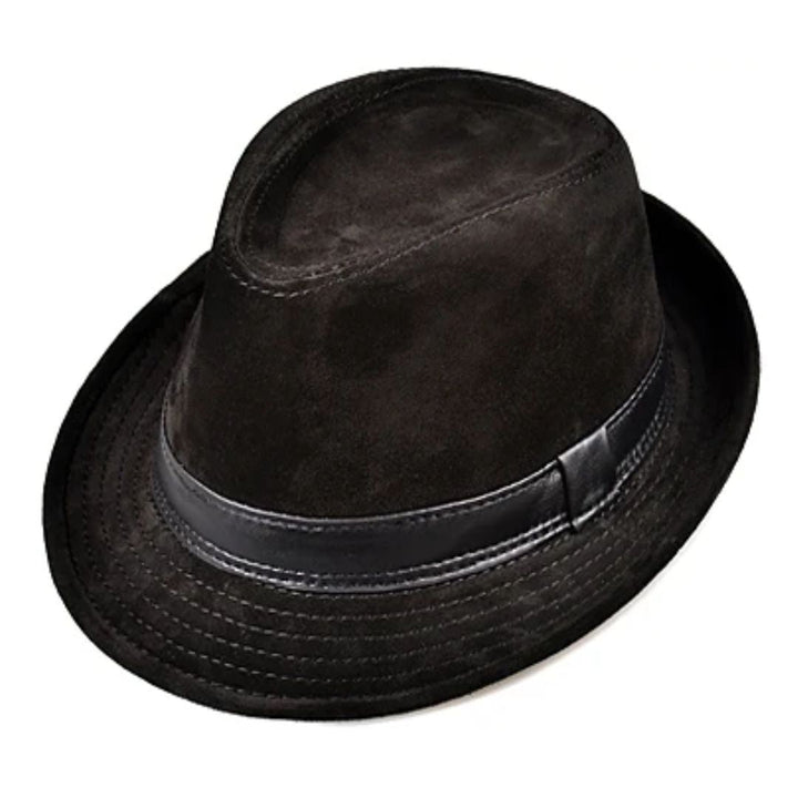 Schwarzer Fedora-Hut aus Wildleder mit Lederband, stilvoller Herrenmode-Accessoire.