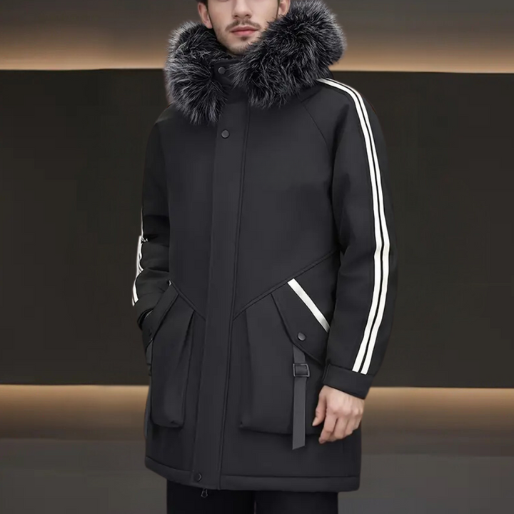 Schwarzer Herrenparka mit Kunstpelzkragen, reflektierenden Streifen, Winterjacke.