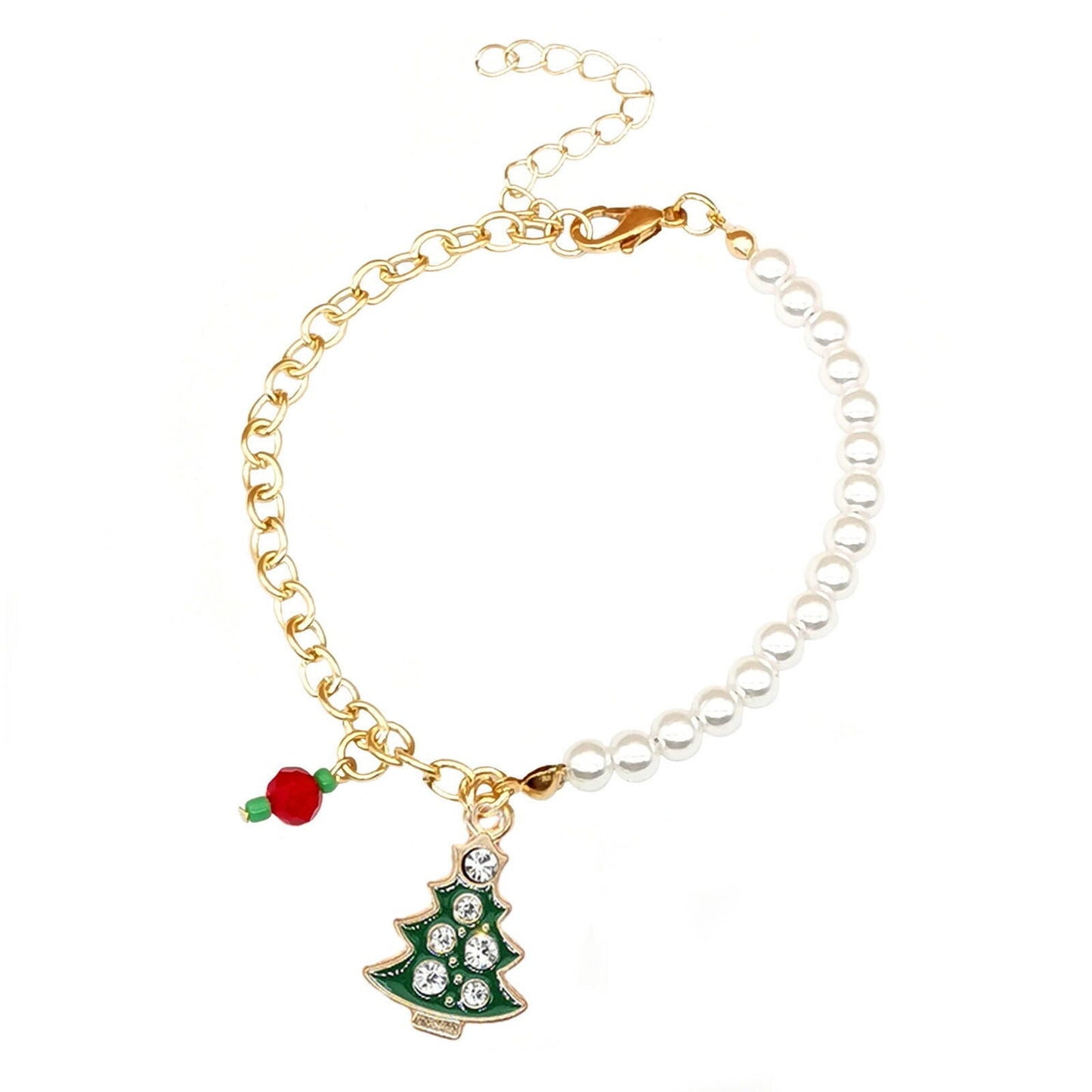 Goldenes Armband mit Weihnachtsbaum-Anhänger und Perlen, festlicher Schmuck.