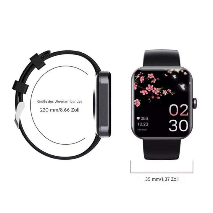 Schwarze Smartwatch mit Blumen-Display, 35mm Gehäuse, 220mm Armband, Fitness-Tracker.