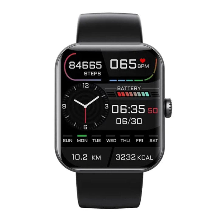 Schwarze Smartwatch mit Fitness-Tracker, Herzfrequenz, Schritte, Kalorienanzeige, rechteckiges Display.