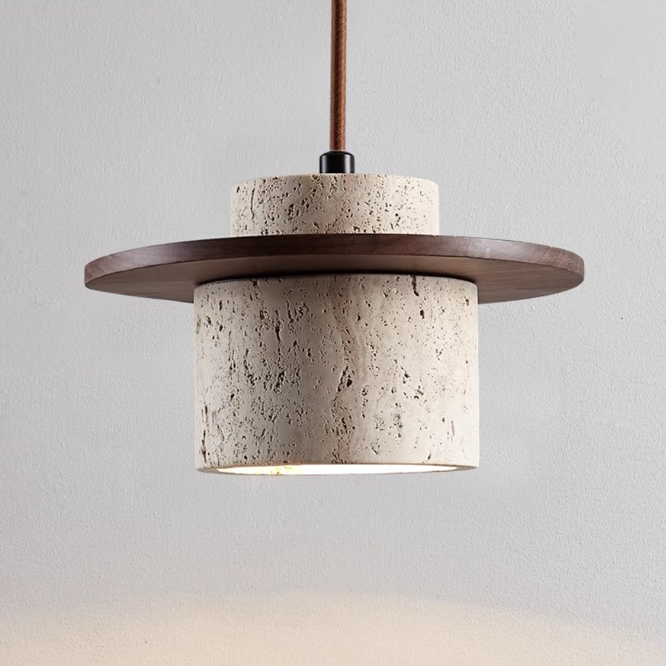 Moderne Hängelampe aus Travertin und Holz, zylindrisch, beige, für Wohnzimmerbeleuchtung.
