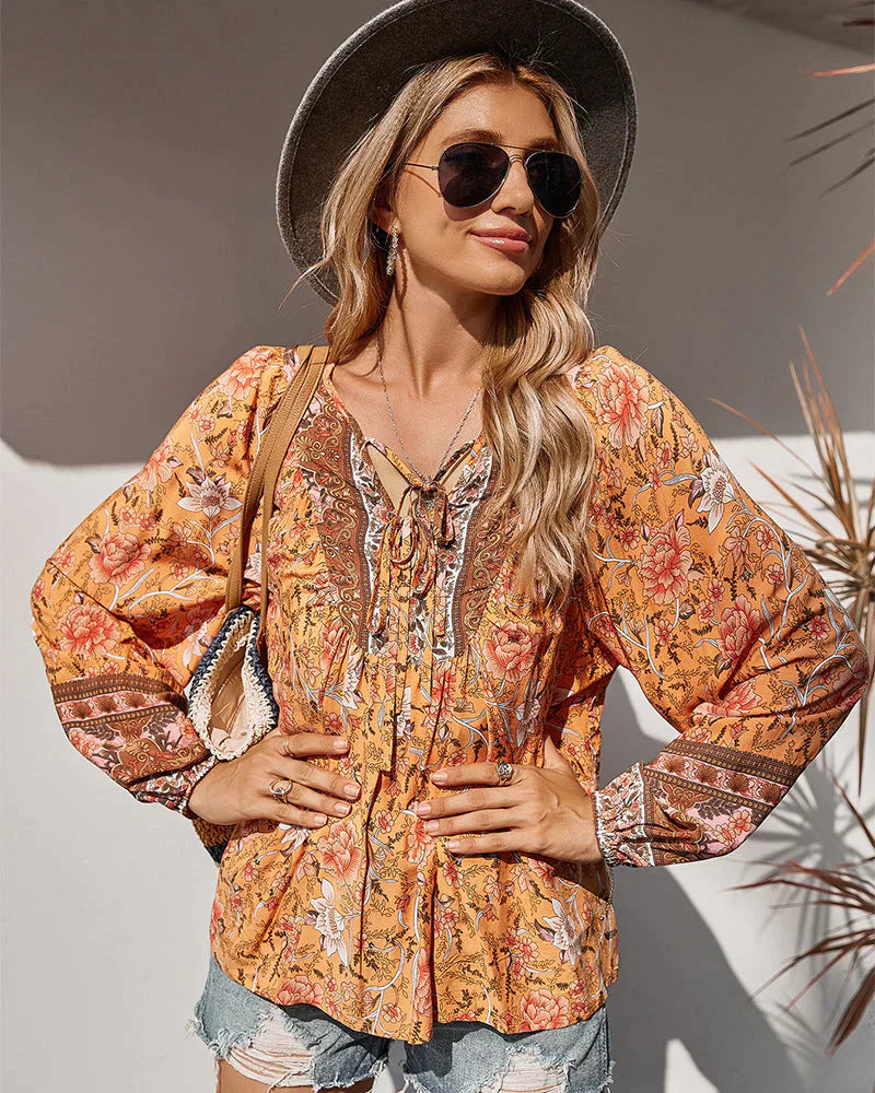 Vintage Boho podzimní blůza s květinovým potiskem a dlouhými rukávy – Sana