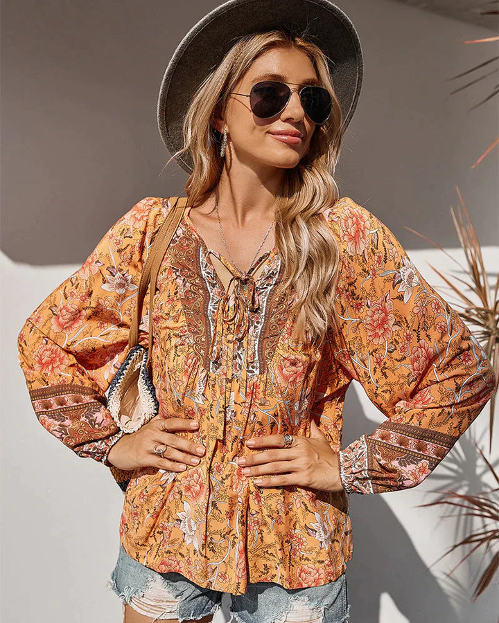 Vintage Boho podzimní blůza s květinovým potiskem a dlouhými rukávy – Sana