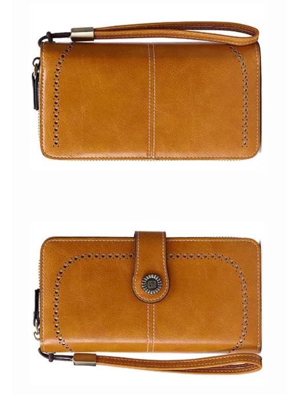 Gelbe Leder-Geldbörse mit Reißverschluss und Armband, Damen-Portemonnaie, elegant und praktisch.