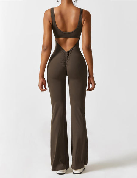Damen Bodysuit Kaffee, ärmellos, Rückenausschnitt, figurbetont, modisch, elegant.