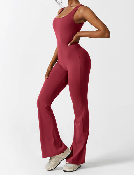 Damen Weinjumpsuit, ärmellos, figurbetont, elastisch, ideal für Fitness und Freizeit.