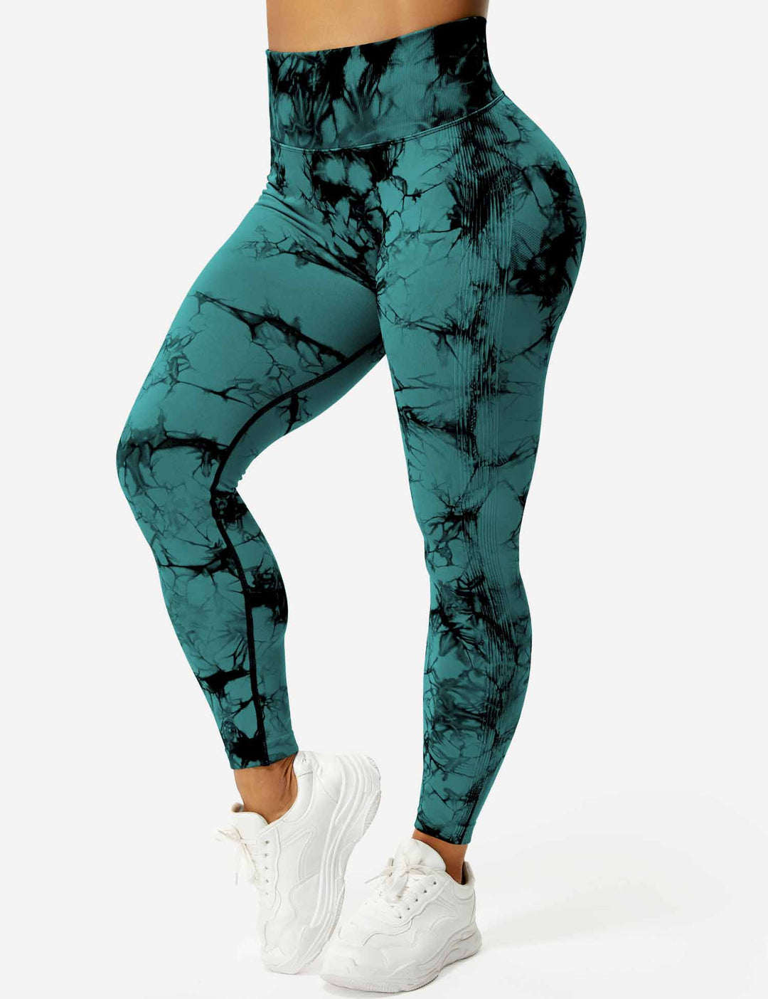 Damen Leggings blaugrün, hoher Bund, Marmor-Muster, Sportbekleidung, Fitnessmode.