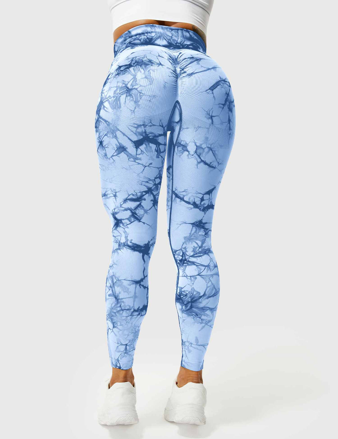 Damen Leggings hellblau, marmoriert, hohe Taille, Sportbekleidung, elastisch, bequem.