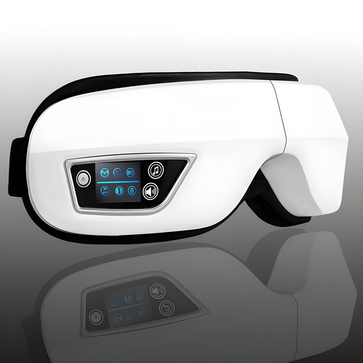 Weißes Augenmassagegerät mit digitalem Display, Entspannung, Stressabbau, Wellness-Technologie.